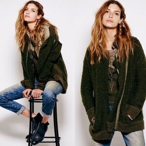 Free People Womens Cuddle Up Cardigan Zip Wool Textured Olive Blend Sz Small